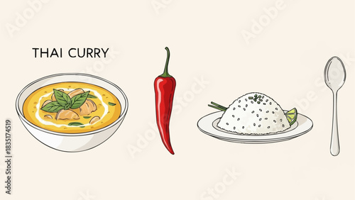 Thai Curry Dish with Rice and Chili Pepper Illustration.