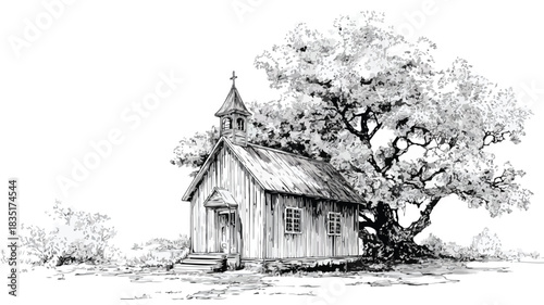 Serene Hand-drawn Sketch of a Charming Wooden Church with Tree in Background
