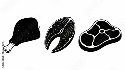 Monochromatic Silhouettes of Chicken Leg, Salmon Steak, and Beef Cut.