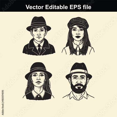 vector editable eps file featuring four vintage style portrait illustrations of men and women wearing different types of hats and period clothing