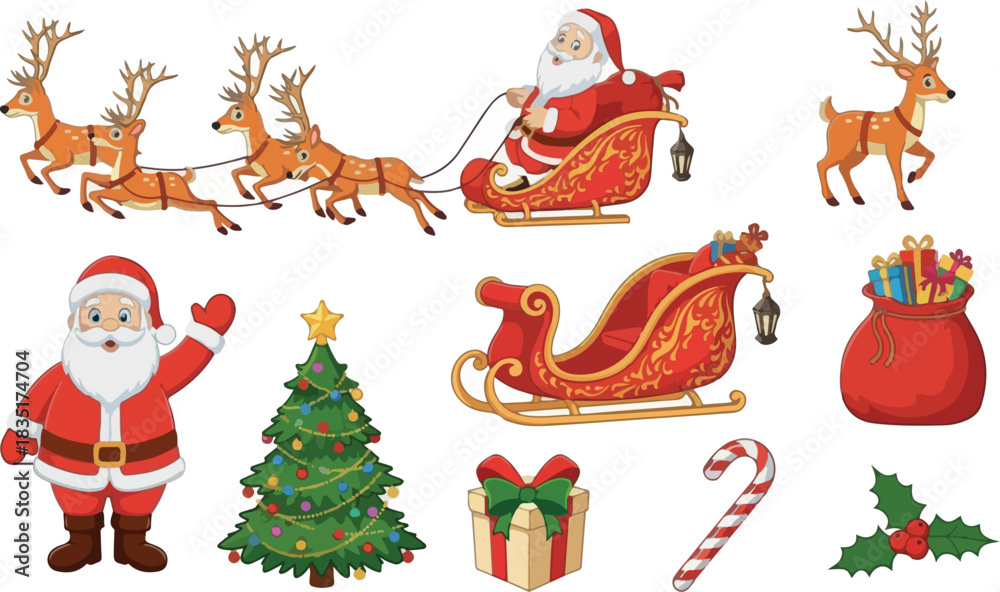 Fototapeta premium Christmas Vector Illustration Set: Santa Claus, Reindeer, Sleigh, and Holiday Elements