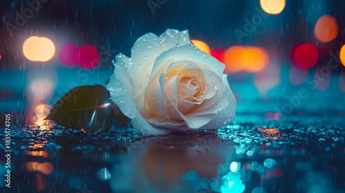 A single white rose glistening on rain-soaked pavement with neon city lights in the background