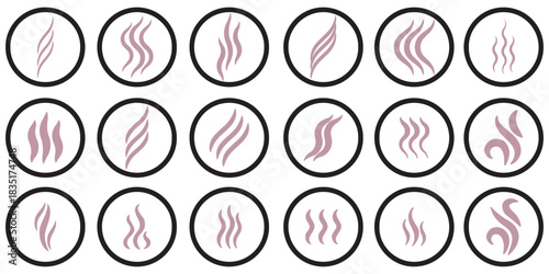 Smoke steam icon vector logo set. Smoke smell, steam aroma heat icon illustration. Hot vapor fire doodle line logo. Hit stink, coffee, fragrance flame elements. Vector illustration