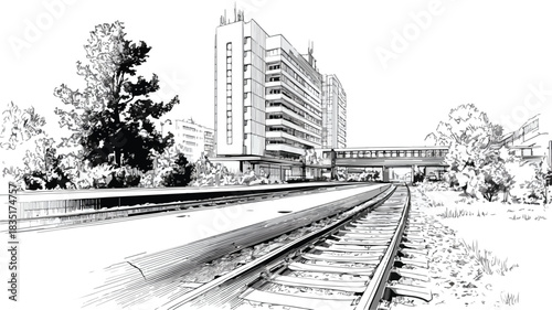 Rustic Train Track and Building Landscape Drawing