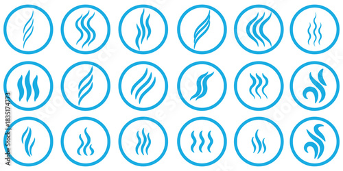 Smoke steam icon vector logo set. Smoke smell, steam aroma heat icon illustration. Hot vapor fire doodle line logo. Hit stink, coffee, fragrance flame elements. Vector illustration