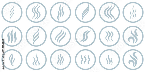 Smoke steam icon vector logo set. Smoke smell, steam aroma heat icon illustration. Hot vapor fire doodle line logo. Hit stink, coffee, fragrance flame elements. Vector illustration