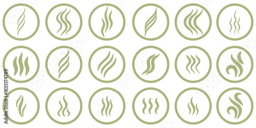 Smoke steam icon vector logo set. Smoke smell, steam aroma heat icon illustration. Hot vapor fire doodle line logo. Hit stink, coffee, fragrance flame elements. Vector illustration