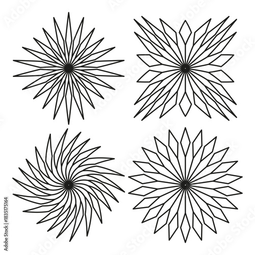 Abstract star ornaments. Geometric petal shapes. Dynamic swirl Vector. Minimalist outline set.
