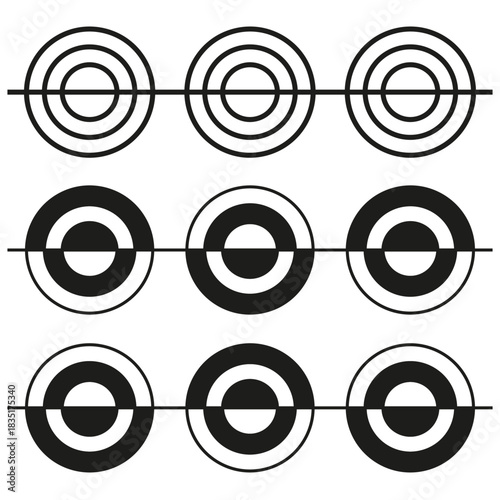 Target icon set. Concentric circle symbols. Archery focus Vector. Minimalist black white design.