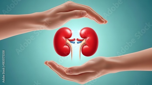 Hands protecting and caring for healthy human kidneys