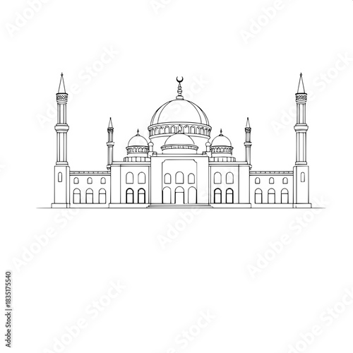 Black-line technical-style illustration of the Shah Faisal Mosque in sharp precise lines, centered with perfect symmetry, featuring minimal architectural details, a prominent crescent symbol at the ap