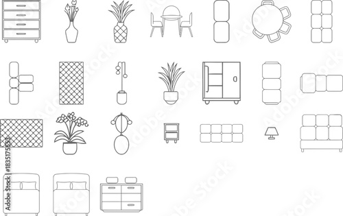 Minimalist furniture outline set for interior design projects and architectural plans