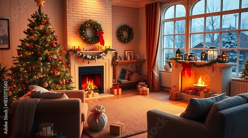 A photorealistic depiction of a cozy living room with a decorated Christmas tree, fireplace, and presents, embodying a merry Christmas atmosphere