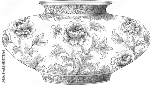 Elegant Floral Pattern Vase Drawing Vector with Outline