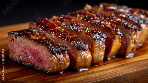 steak beef grilled sliced medium rare juicy wooden board closeup cutting board seared crust pink center, gourmet dinner, succulent meat, glistening glaze, restaurant, elegant cut