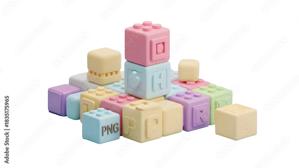 Obraz premium Pastel Toy Blocks – Rounded Alphabet Cubes and Bricks on Light Blue Background
