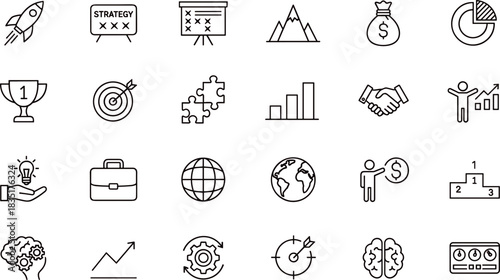 Business Strategy, Success, and Finance Icon Set Growth, Goal, Startup, Global Market, Partnership, Investment, and Achievement Pictograms for Web and App