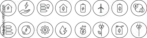 Energy saving eco power icon set collection in black line style, sustainability electricity efficiency symbols pack with renewable green energy illustrations, environmental resource graphic elements