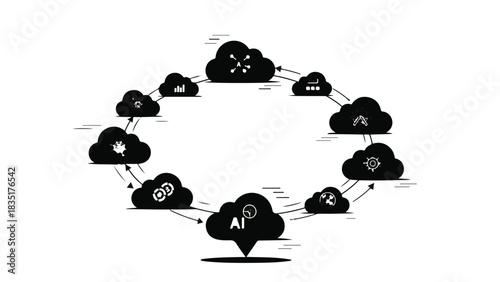 Abstract network of interconnected cloud services and data icons representing digital transformation and technology.