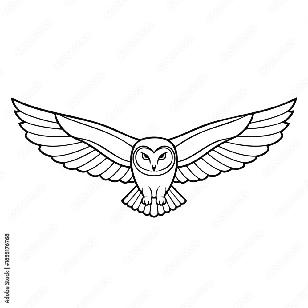 Obraz premium A black and white line drawing of an owl in flight with outstretched wings on a plain white background.