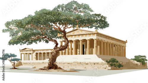 Ancient Temple Model With Tree Model Vector Illustration
