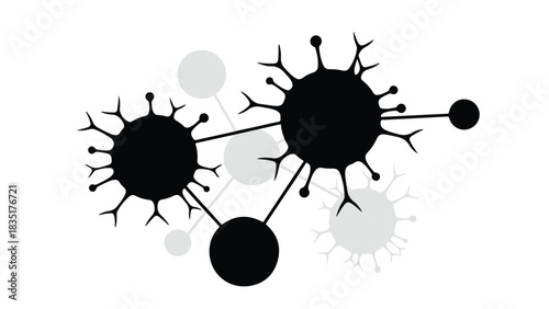 Abstract interconnected dark spheres with spiky protrusions and translucent circles on white background