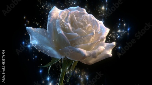 A luminous white rose glowing amid cosmic sparks in a dark, celestial atmosphere