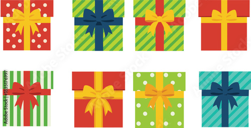 gift box collection, colorful wrapping, festive packaging, ribbon bows, celebration decor, cheerful design, holiday presents, vibrant illustration, party gifts, seasonal icons