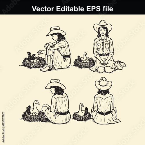 vector illustration set depicting four different poses of a female farmer or cowgirl tending to goose nests with eggs, presented in a vintage sketch style