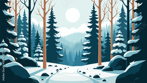 Serene Winter Forest Landscape Illustration Snowy Trees, Path, and Majestic Scenery