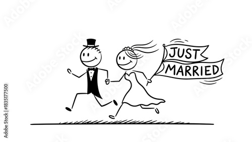 Joyful newlyweds running together with a just married banner on their exciting adventure wedding day escape cartoon fun illustration