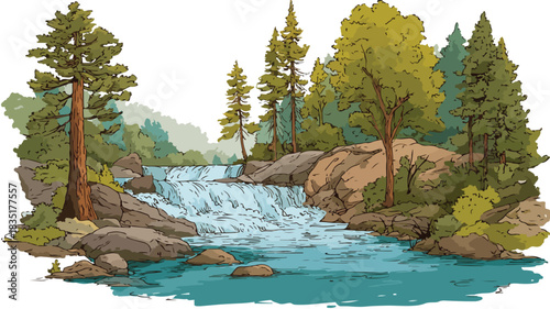 Serene River Waterfall Trees Vector Illustration Nature Landscape