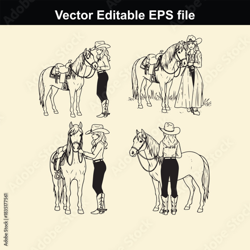collection of four vector illustrations depicting cowgirls interacting with their horses in various poses, suitable for western theme designs