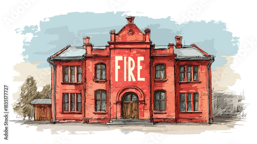 Modern Red Brick Building with Bold 'Fire' Sign Frontal View Vector Illustration
