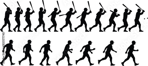 Baseball player sequence vector silhouette set, showing detailed hitting swing motion and running base path animation frames, perfect for sports, action, and motion graphics design