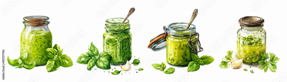 Obraz premium Watercolor set of pesto sauces. Glass jars with pesto, basil and garlic. Italian sauce for pasta and other dishes. Elements of Italian cuisine. Vector illustration.
