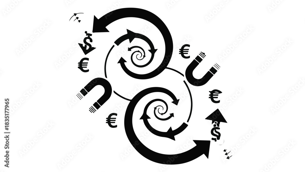 Naklejka premium Abstract illustration of financial cycles and attraction with currency symbols and magnets