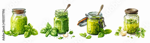 Watercolor set of pesto sauces. Glass jars with pesto, basil and garlic. Italian sauce for pasta and other dishes. Elements of Italian cuisine. Vector illustration.
