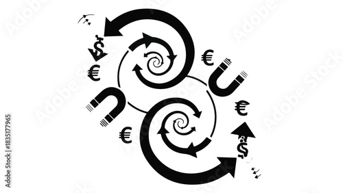Abstract illustration of financial cycles and attraction with currency symbols and magnets