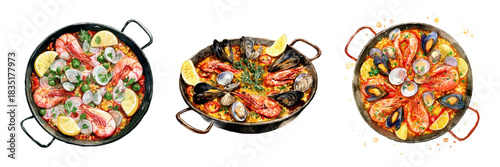Watercolor paella set. Paella pots with seafood and herbs. Spanish hot dishes. Paella with shrimps and mussels, seasoned with lemons and decorated with herbs. Vector illustration.