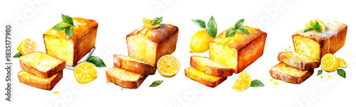 Watercolor collection of lemon loaf cakes and sliced desserts. Featuring citrus fruit. Fresh mint leaves. And sweet icing. Illustrating baking. Cooking. And gourmet treats on a transparent background