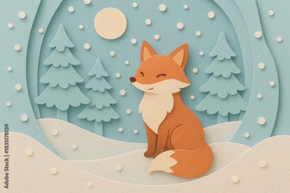 Naklejka premium Cute fox in snowy forest