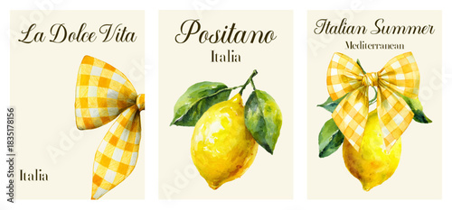 Set of poster designs with yellow lemons and bow. Italian Mediterranean posters with yellow lemons and vintage bow. Italy, Amalfi and Mediterranean vibe. Vector illustration.