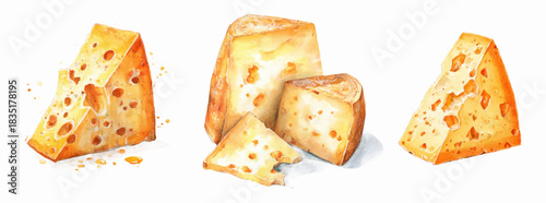Cheese elements, with their characteristic holes and rich color, showcasing a block, several wedges, and crumbs, rendered in a detailed watercolor painting style with a transparent background