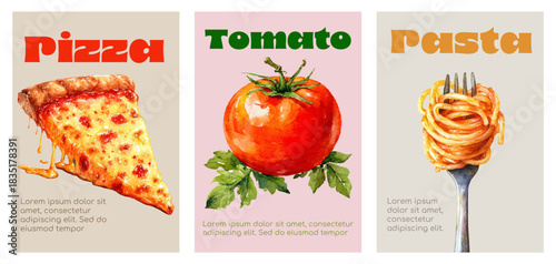 Set of summer Mediterranean posters with vintage Italian vibe. Slice of pizza, tomato, and fork with pasta. Posters from Amalfi. Italian food. Template for posters, flyers, banners, etc. 