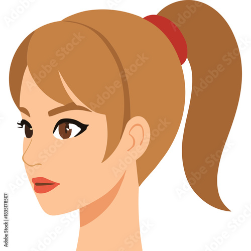 Stylized Portrait of a Young Woman With Brown Hair in a Ponytail And Subtle Makeup Facing Left With Red Hair Tie Against A Simple Dark Background