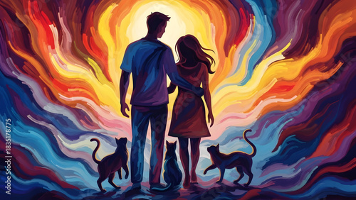 Vibrant Abstract Painting of a Couple Walking with Their Three Cats Under an Explosive Sunset or Sunrise Sky