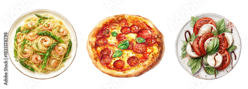 Watercolor set of Italian dishes. Pasta with shrimps, pizza and caprese salad with mozzarella and pomilora. Elements of ready-made Italian cuisine dishes for menus, banners, etc. Mediterranean food.