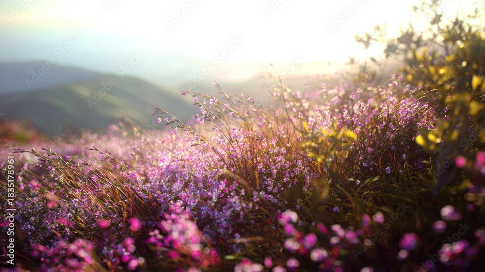 Obraz premium Field of lavender flowers bathed in sunlight with mountains in background
