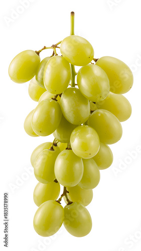 A vibrant bunch of fresh green grapes, ripe and juicy, hanging from a stem, isolated on white background